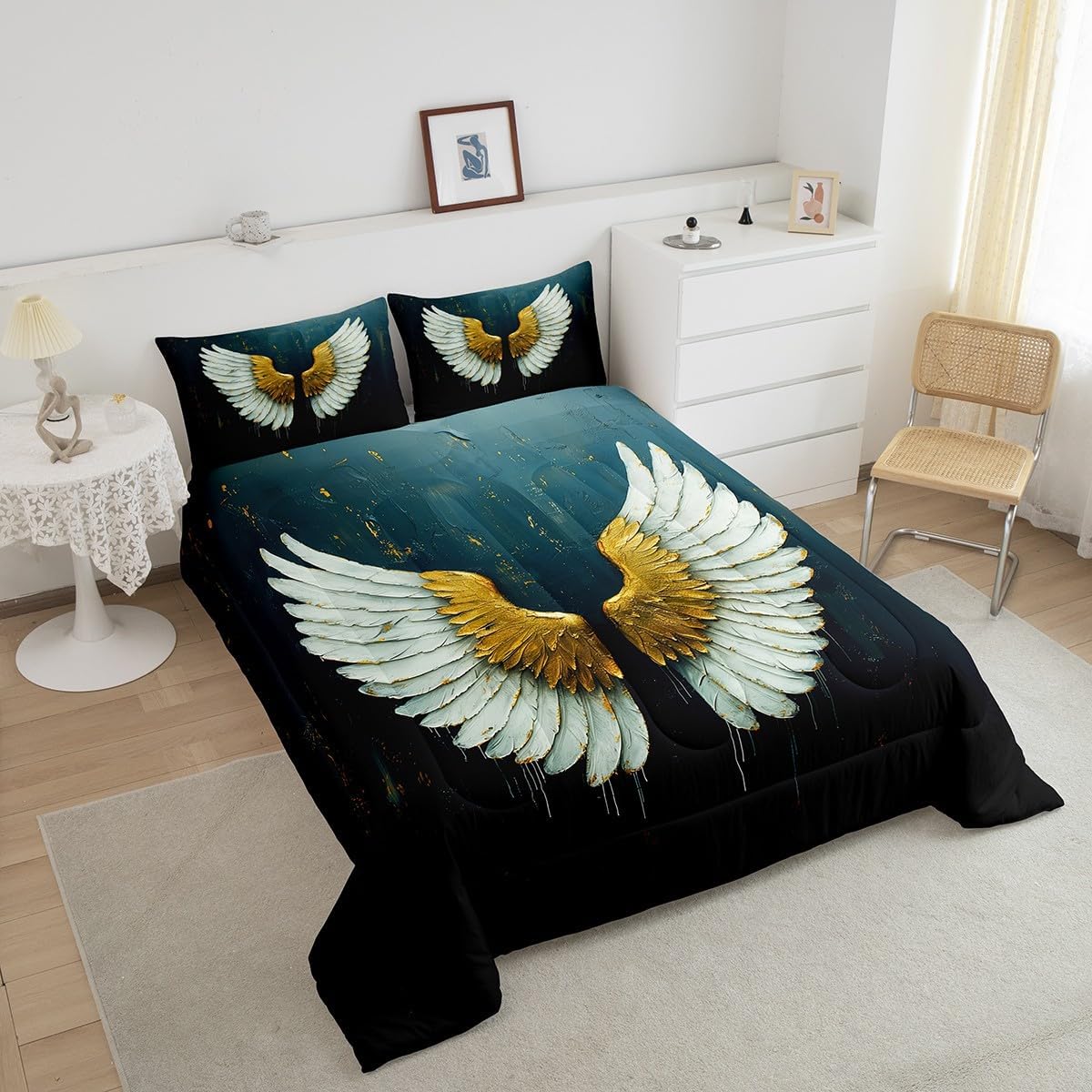 Erosebridal Angel Wings Kids Bedding | Gothic Style Queen Comforter Sets,White and Golden Feather Comforter Watercolor Dreamy Duvet Insert with 2 Pillow Cases
