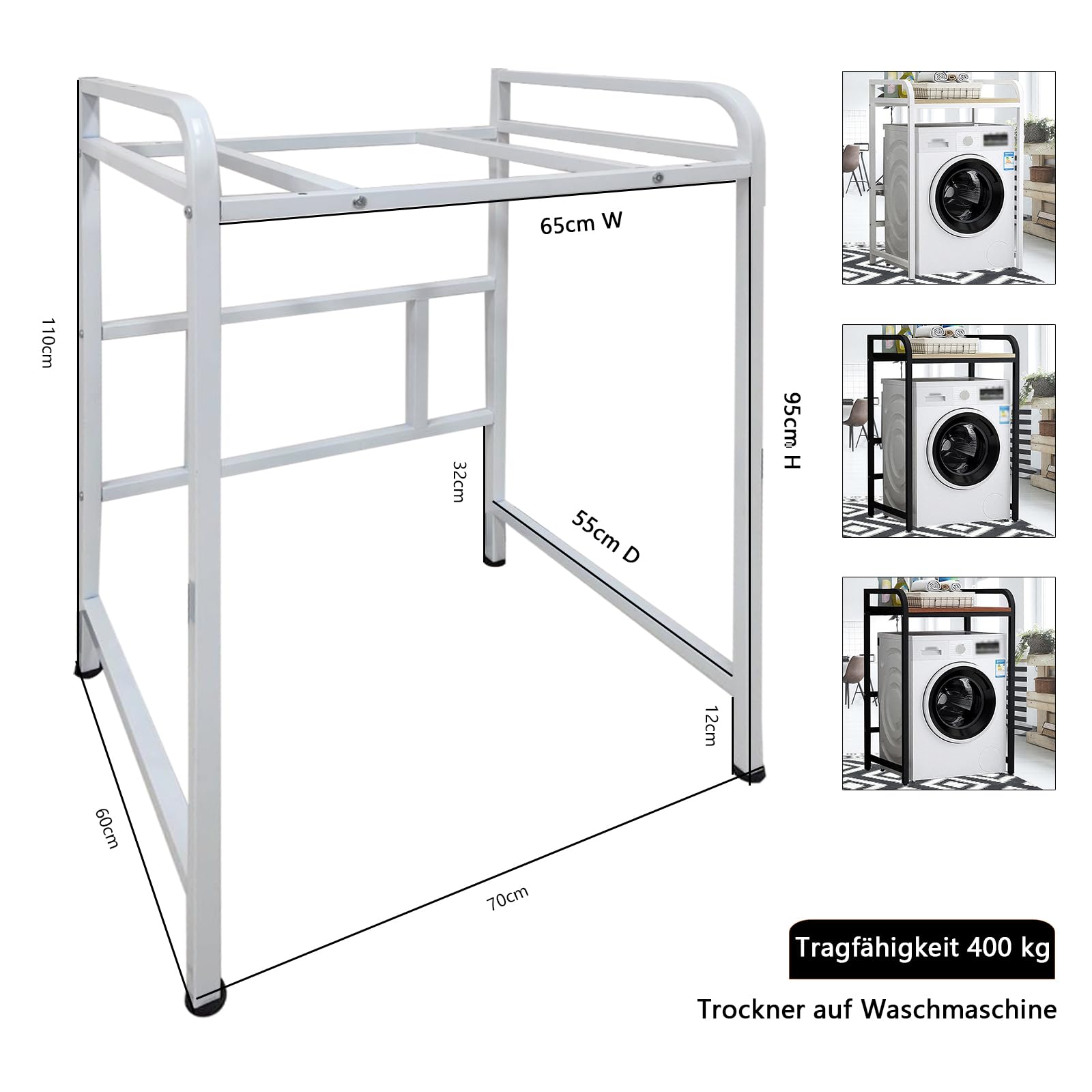 Mueble Lavadora Secadora Ajustable en Altura, Metálico Soportes para lavadoras-secadoras Carga 400kg, Estanterías para baño para Lavadora para balcón/lavadero (BlackTeak, H: 90cm/95cm/100cm)
