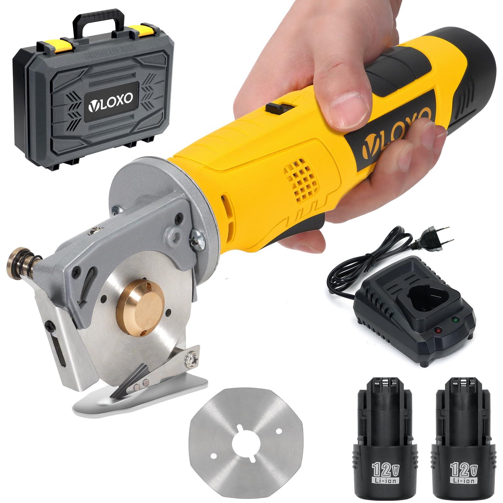 VLOXO Taglierina elettrica rotante per tessuti senza fili Forbici Elettriche per Tessuti Spessore massimo di taglio 25 mm per il taglio di tessuto moquette pelle gomma cartone stoffa