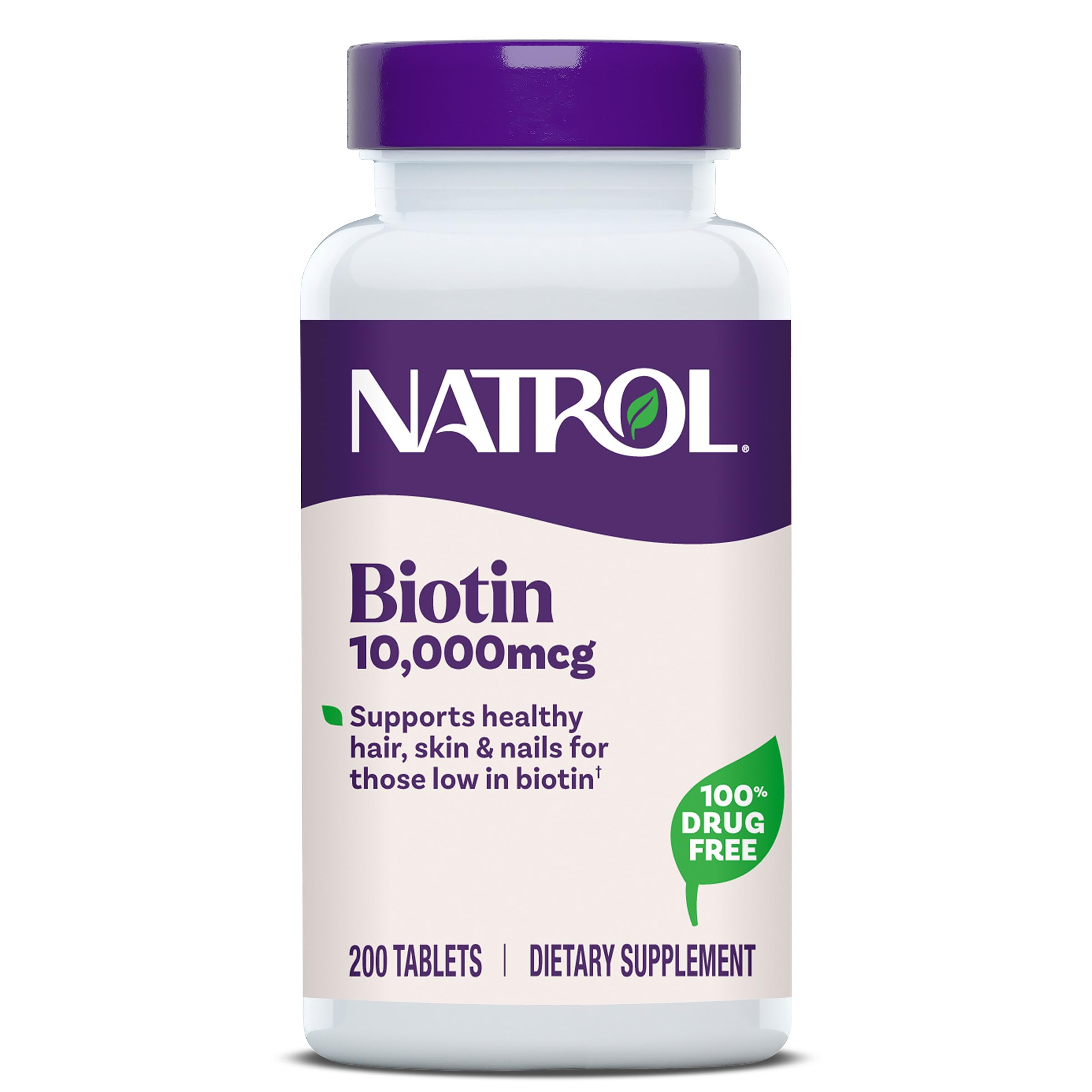 Natrol Biotin 10000mcg, for Healthy Hair, Skin & Nails, 200 Tablets Unflavored 200 Count (Pack of 1)
