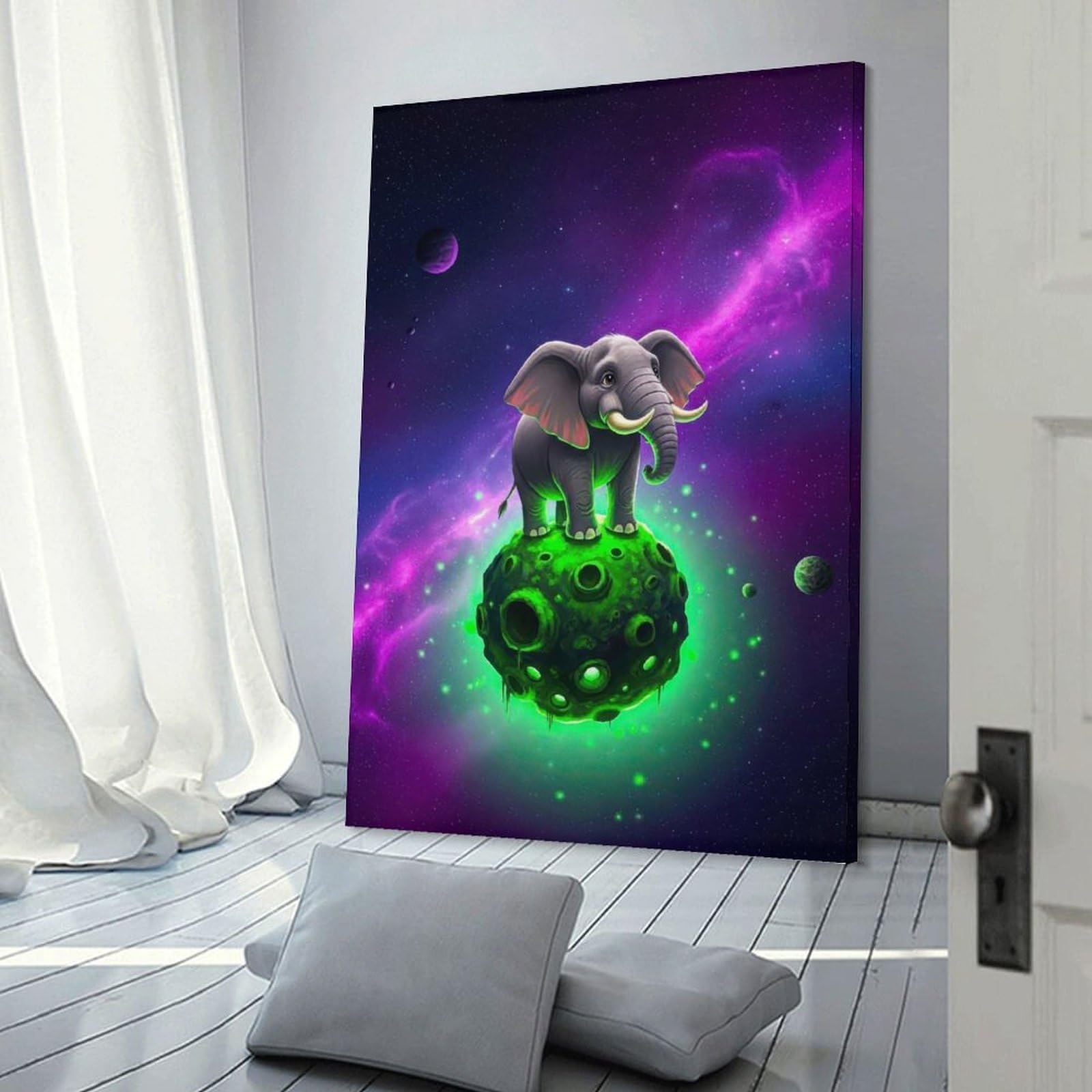 Junmoney Frame-Style-15 Elephant On Glowing Green Planet In Space Hanging Wall Art, 12X18inch(30X45cm), For Bedroom Decor, Cosy Corners Or Studios, An Easy Wall Refresh For Bedrooms