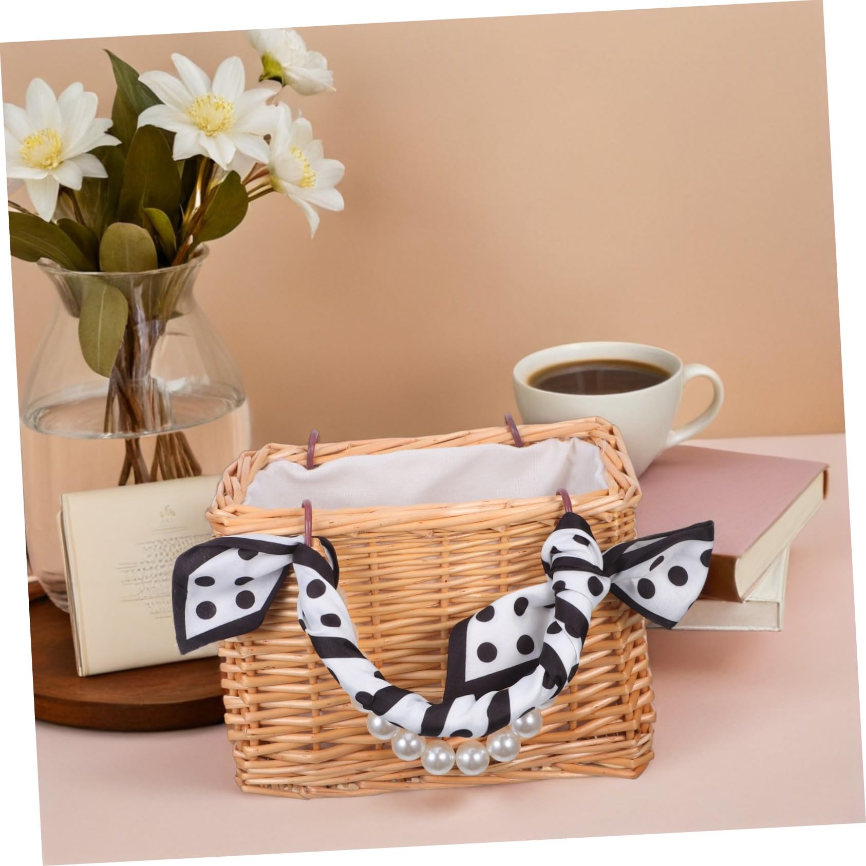 ABOOFAN Rattan Woven Handbag con Asa de Perlas Falsas Bolso Mano Versátil para Bodas Playa y Decoración del Hogar Diseño Abierto para Fácil