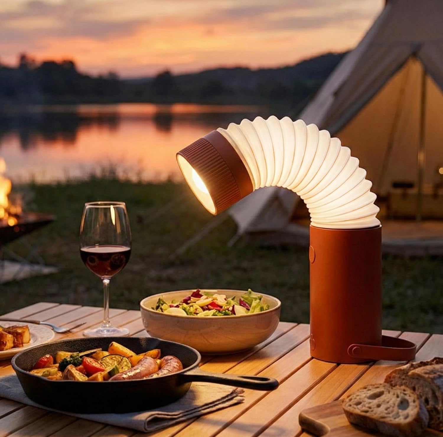 OOWOKS Kabellose Klappbarr Tischlampe Aufladbar, IP65 Wasserdichte Camping LED Lampe mit 4000mAh Akku 2-in-1 Leselicht & Nachtlicht Tragbare Campinglampe Mit stufenloser Dimmfunktion für Outdoor Zelt