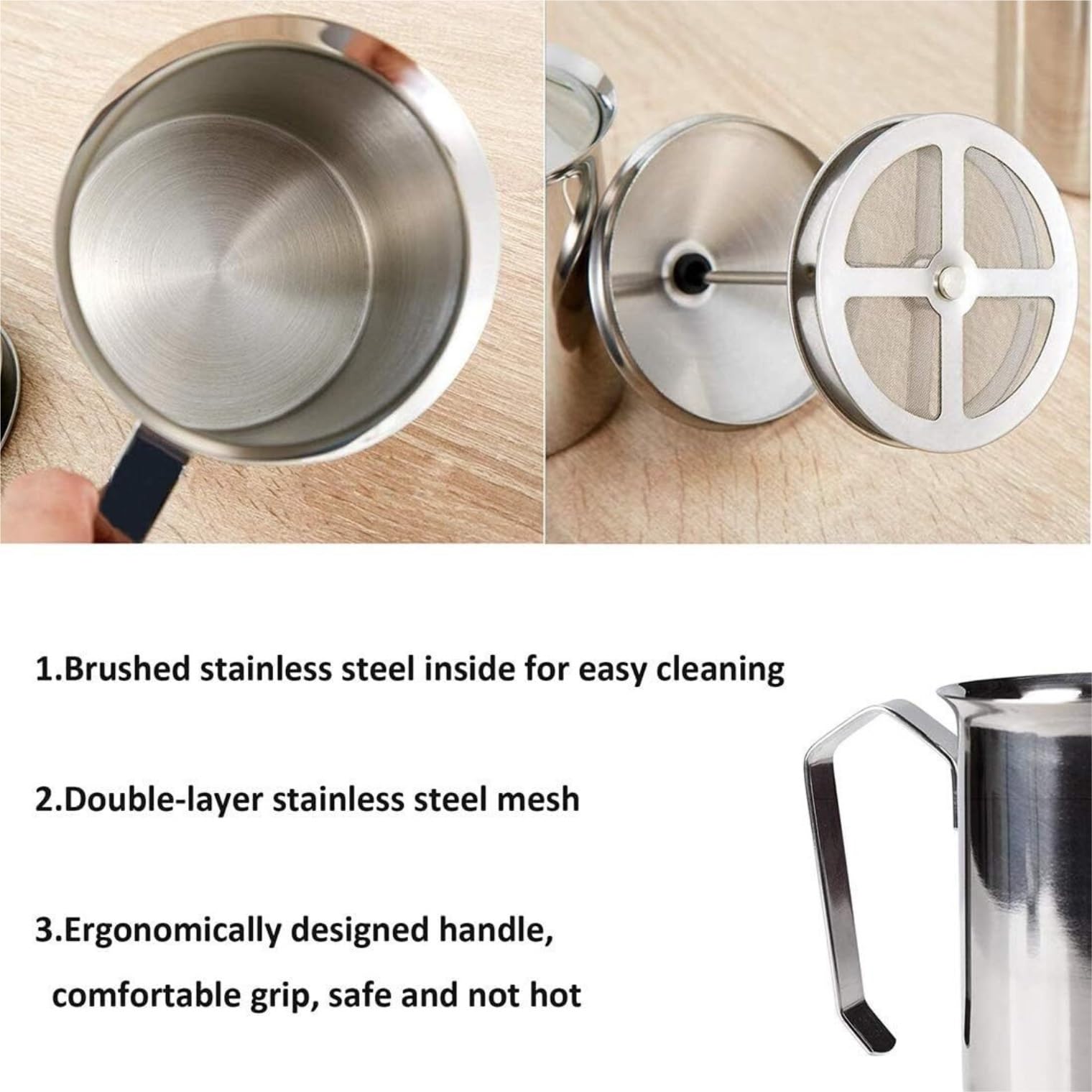 Espumador de Leche, Espumador De Leche con Bomba Manual De Acero Inoxidable, Taza para Hacer Espuma De Leche Manual para Café Bubbler Leche para Capuchino
