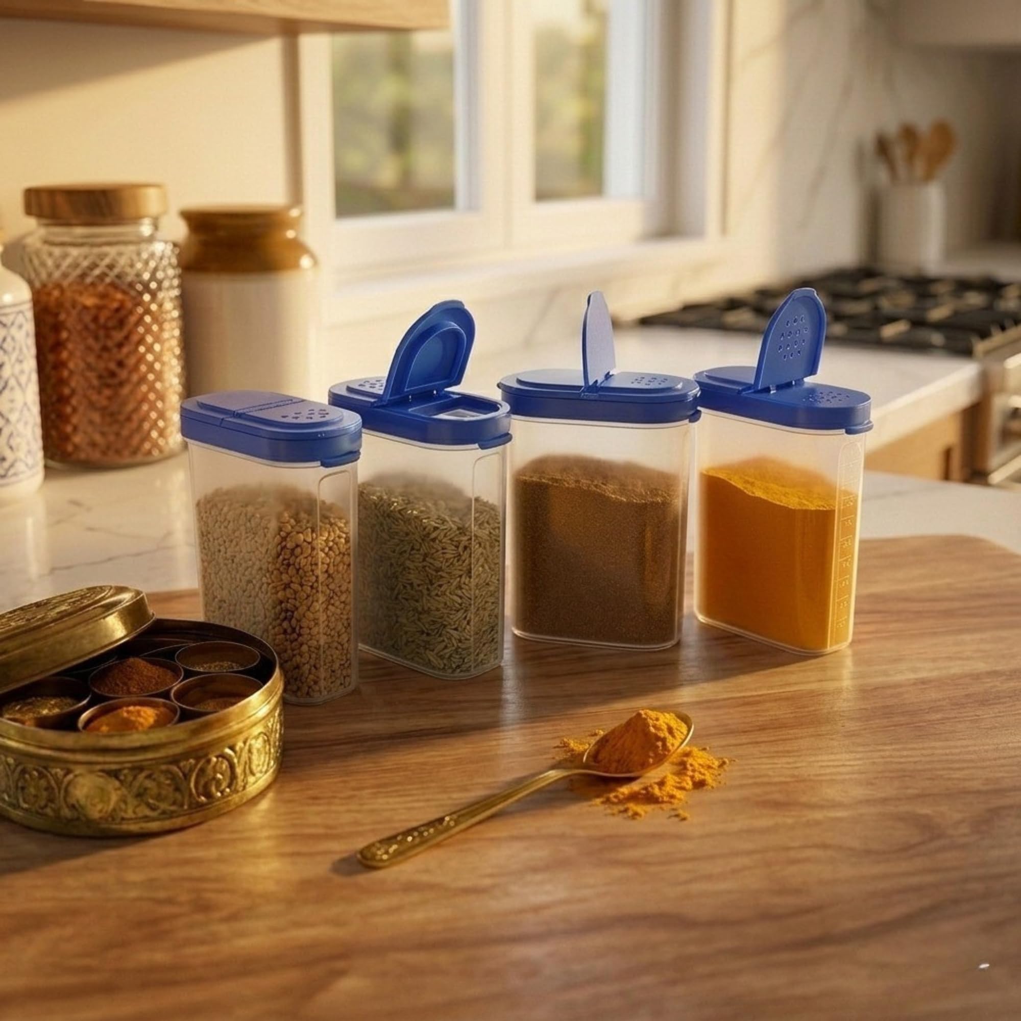 Modular Spice Shaker Set of 4 (275ml) - Durable Spices Container for Kitchen & Masala Boxes | Versatile Seasoning Dispenser & Masala Organiser for Countertop Storage (Blue)