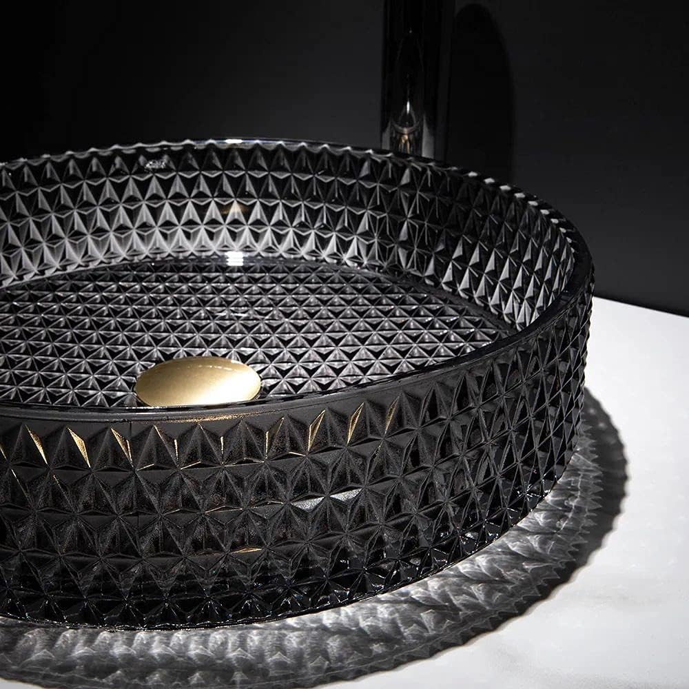 15" Vessel Sink Black Glass Vessel Sinks for Bathrooms Diamond Shaped Crystal Glass Bathroom Wash Sink