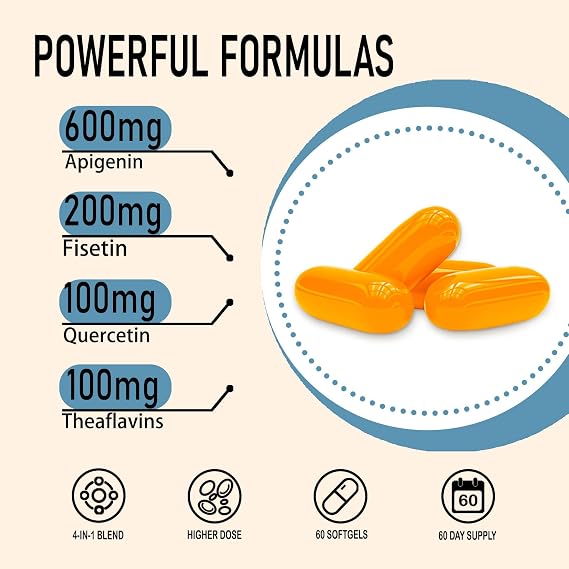Apigenin 600mg Liposomal Softgels with Fisetin, Quercetin & Theaflavins, High Strength 4-in-1 Flavonoid Complex for Relaxation & Sleep, 60 Softgels