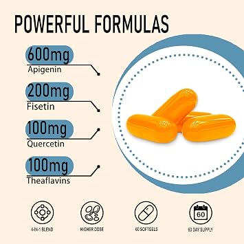 Apigenin 600mg Liposomal Softgels with Fisetin, Quercetin & Theaflavins, High Strength 4-in-1 Flavonoid Complex for Relaxation & Sleep, 60 Softgels