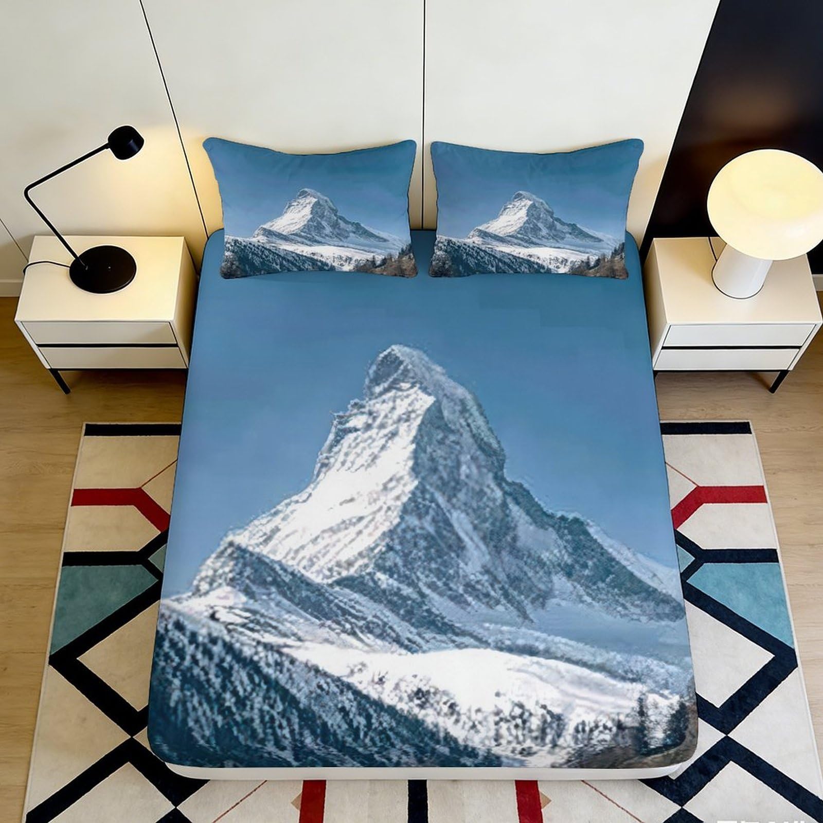 3D Printed Snowy Mountain Fitted Sheet Microfiber Soft Breathable Alpine Peak Bed Cover for Bedroom Guest Room Dormitory Mattress Protection 140x200x25cm