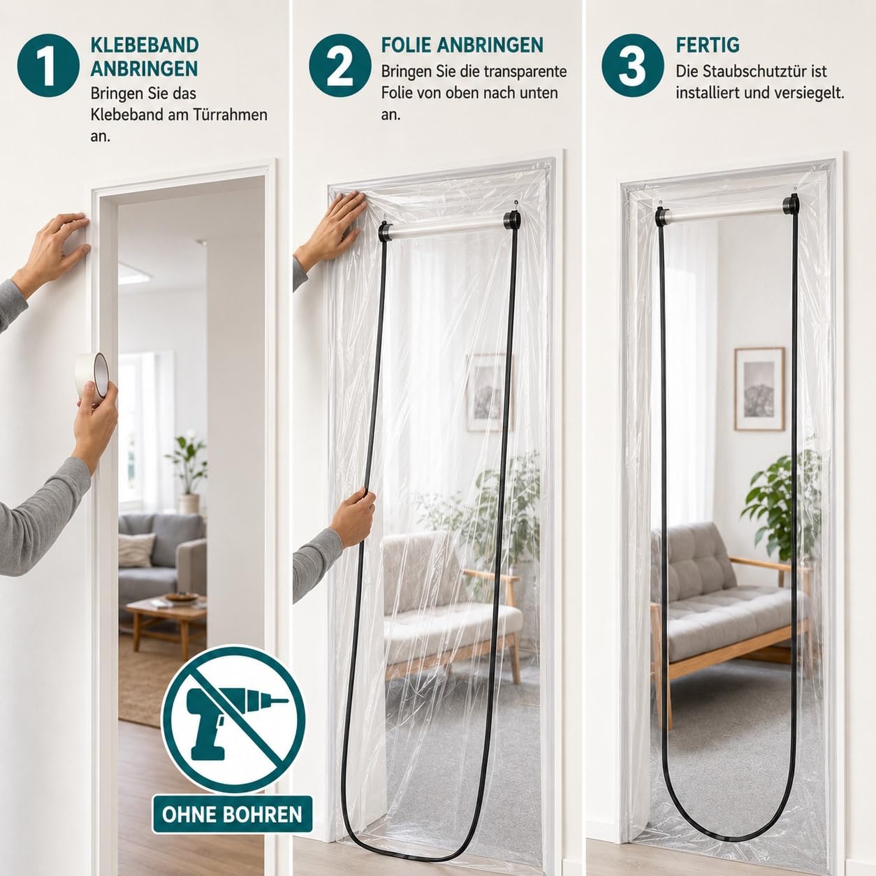 ECOMMERC3 | 2x Staubschutztür mit Reißverschluss 220 x 120 cm - Bautür Transparent für Renovierung und Baustelle - Einfache Montage mit Klebeband