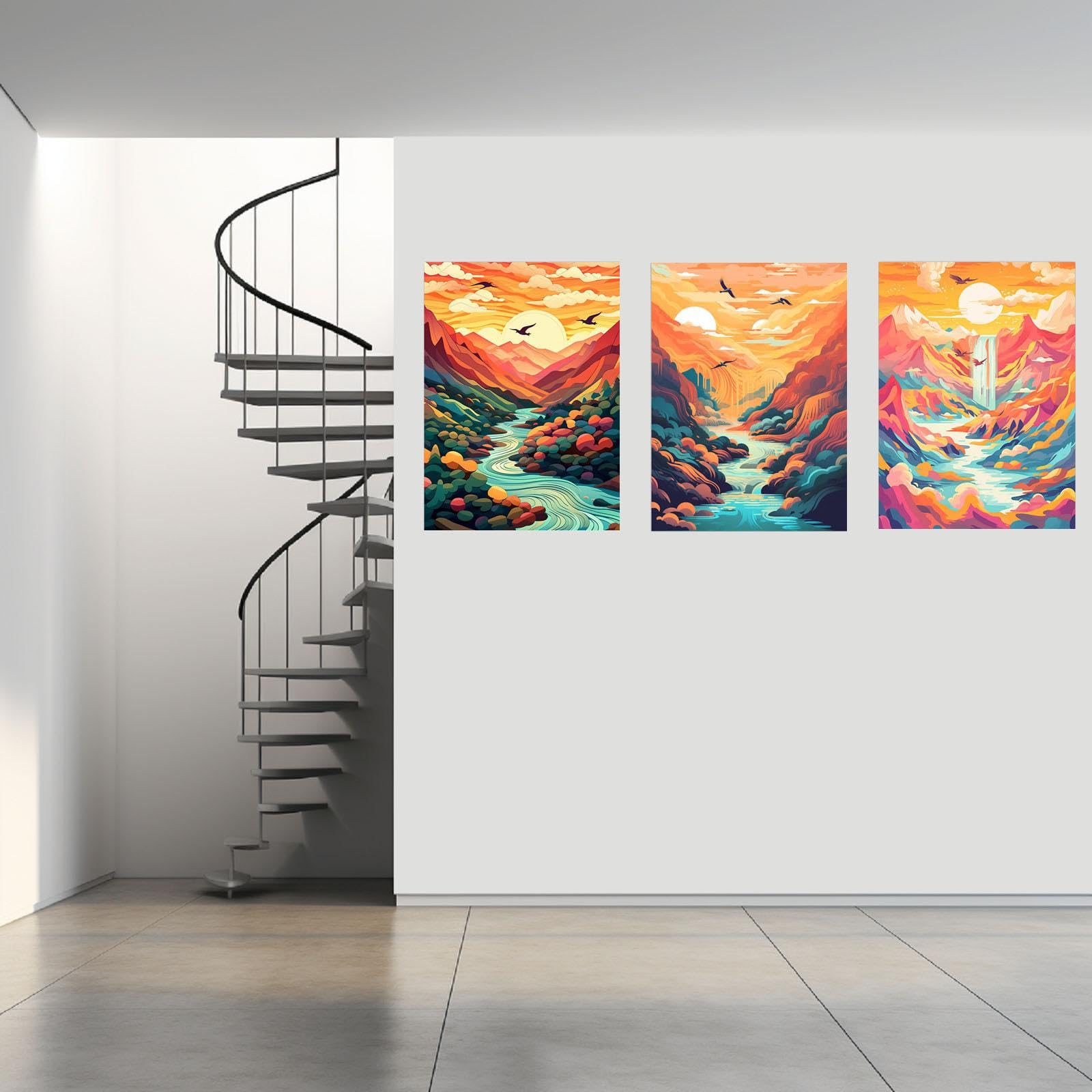 JOSUE Set de 3 Cuadros De MontañA Paisaje de nubes abstractas Lienzo,Naranja, azul Cuadro Cartel Sala De Estar Cuarto De BañO Comedor Decorativos-50x70cmx3 Enmarcado