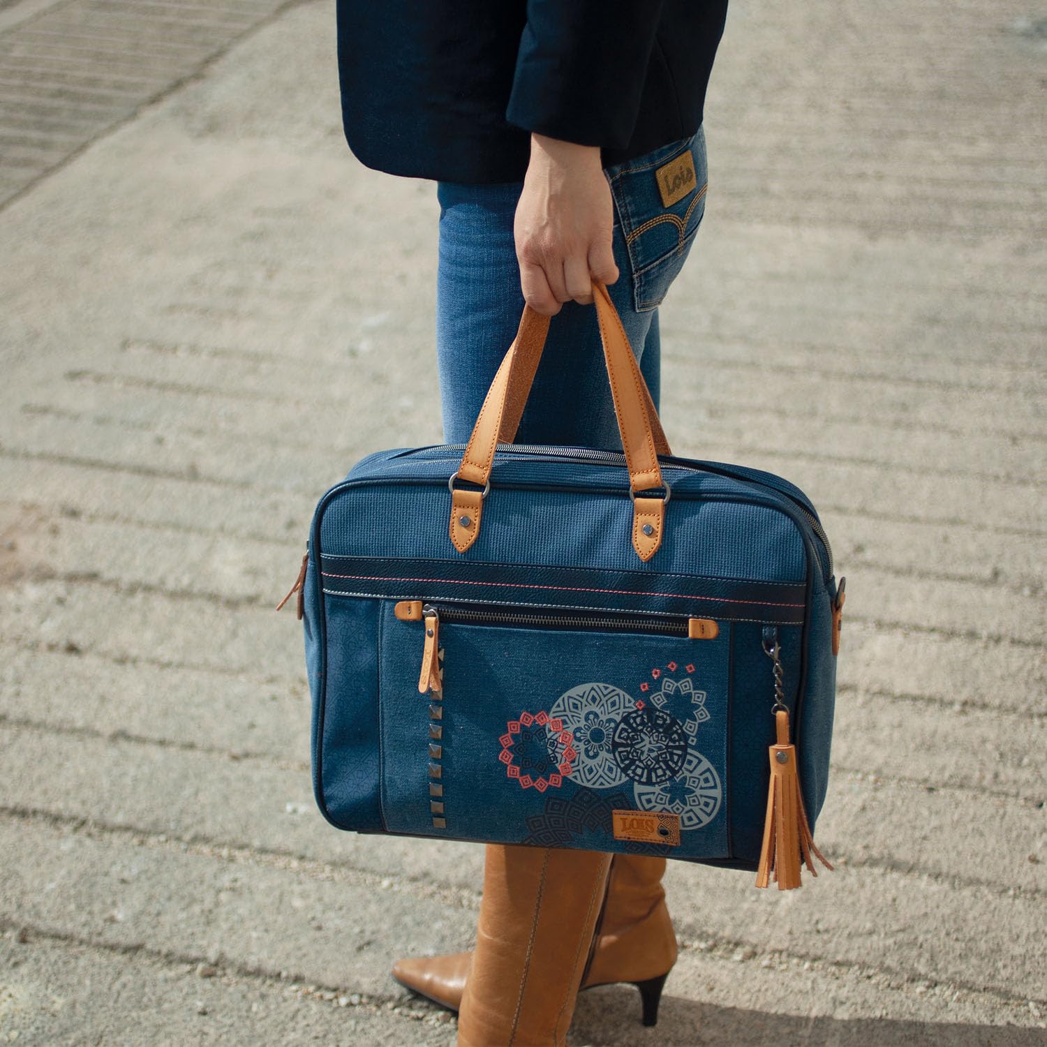 Lois - Bolso maletin Portatil para trabajo Mujer. Portadocumentos ordenador 15 6 pulgadas. Piel PU y Lona con Asa Bandolera Desmontable 310539