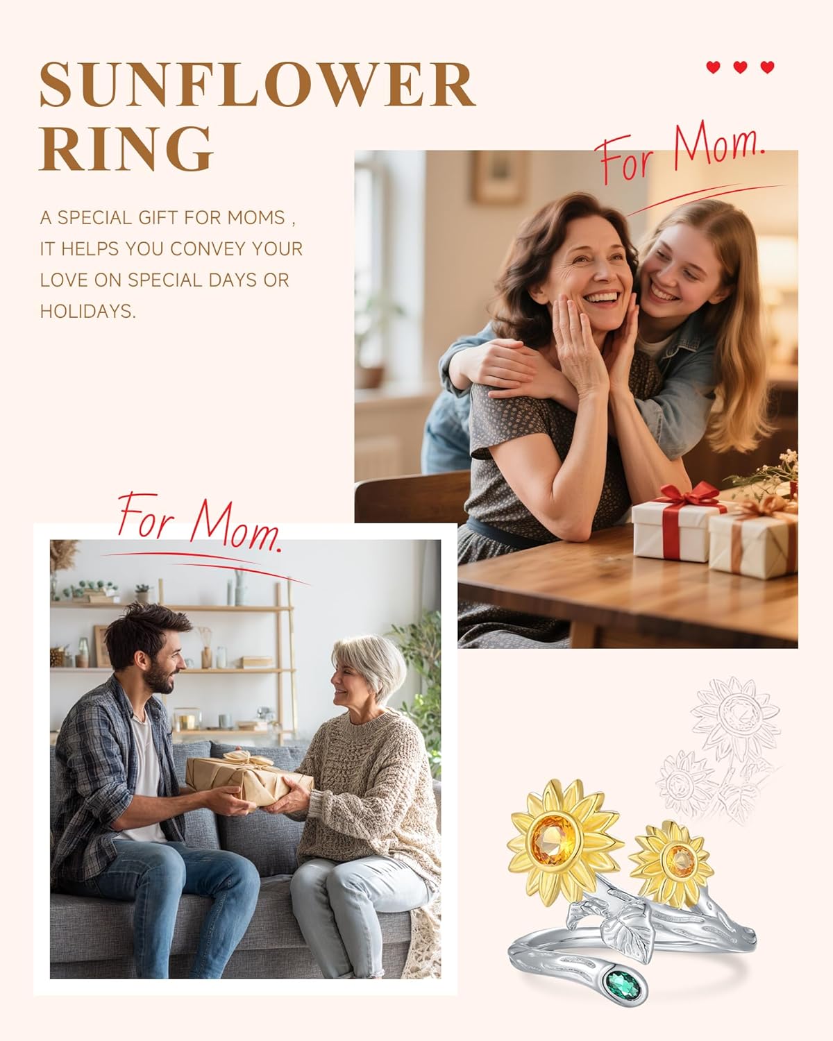 Silver Sunflower Rings for Women - 925 Sterling Silver You Are My Sunshine Ring for Her, Sunflowers Jewelry Birthday Mothers Day Christmas Gifts for Mother Daughters