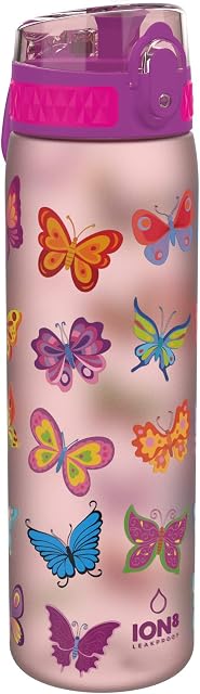 ION8 Butelka na Wodę, 500 ml/18 oz, Szczelna, Łatwe Otwieranie, Bezpieczny Zamek, Można Myć w Zmywarce, Bez BPA, Higieniczne Pokrycie, Uchwyt do Przenoszenia, Łatwa Czyszczenie, Bezwonny, Motyw Motyl
