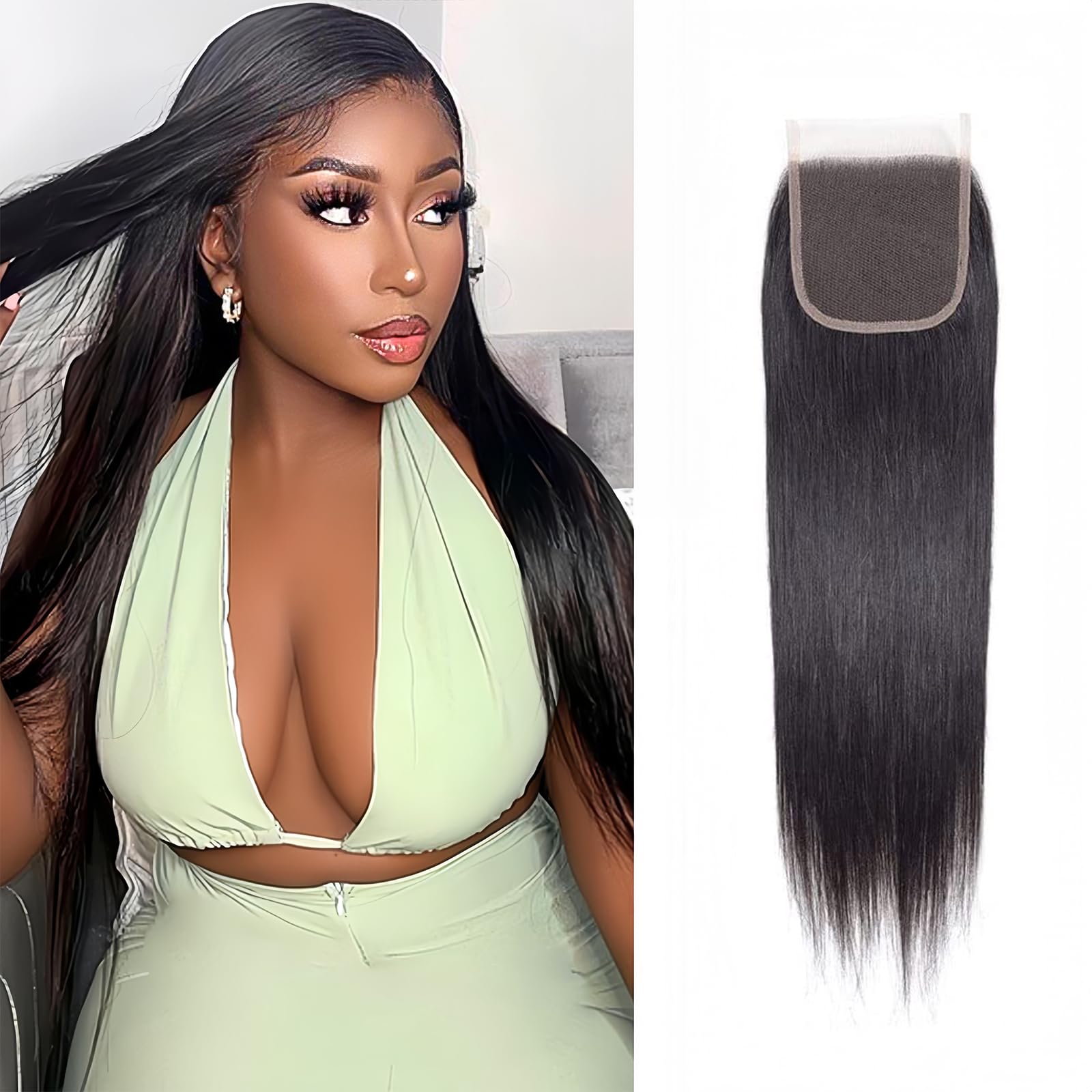 4x4 Swiss Lace Closure Straight Human Hair 16 Inch Brazilian VirginHair 100% Human Hair Extensions for Black Women Natural Color
