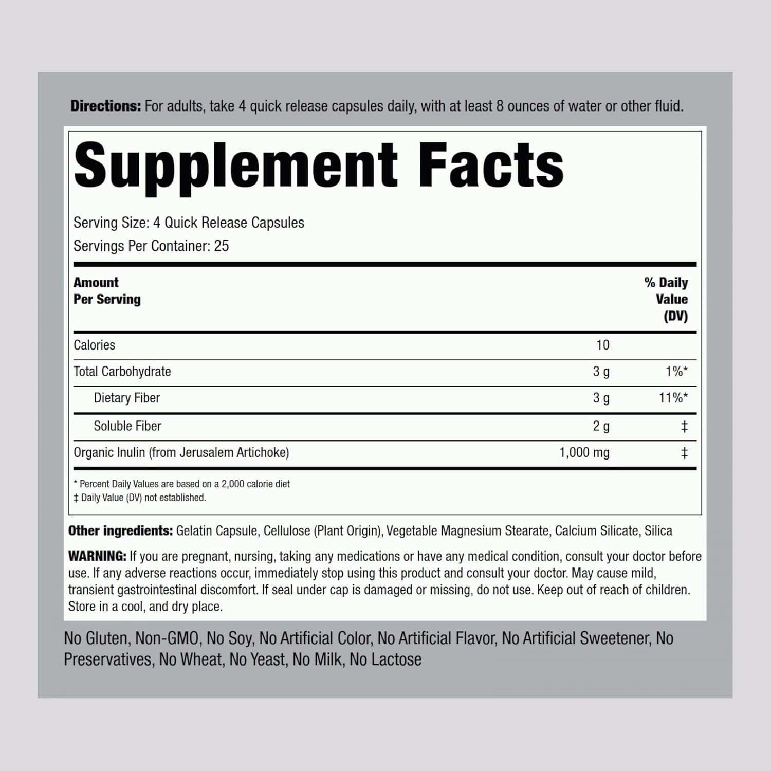 Piping Rock Organic Inulin Capsules 1000 mg | 100 Count | Low Glycemic Index | Soluble Fiber Supplement | Non-GMO, Gluten Free - Image 2