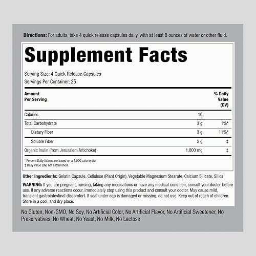 Miniatura 2 de Piping Rock Cápsulas de inulina  1000 mg  100 unidades  Bajo índice glucémico  Suplemento de fibra soluble  Sin OMG, sin gluten