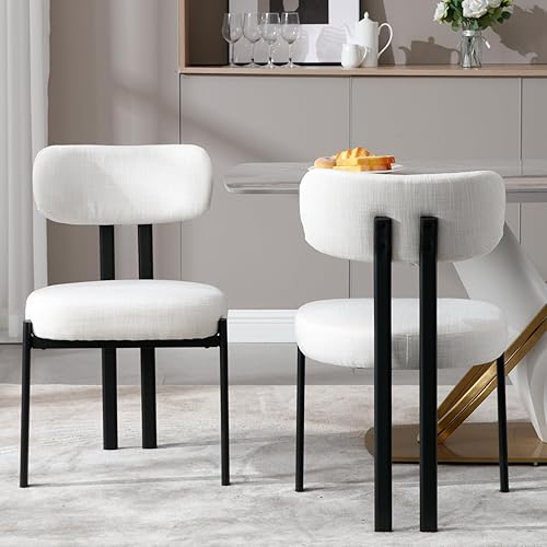Juego de 2 sillas de comedor modernas, sillas laterales tapizadas de tela de lino, sillas de invitados con respaldo curvado, patas de metal para