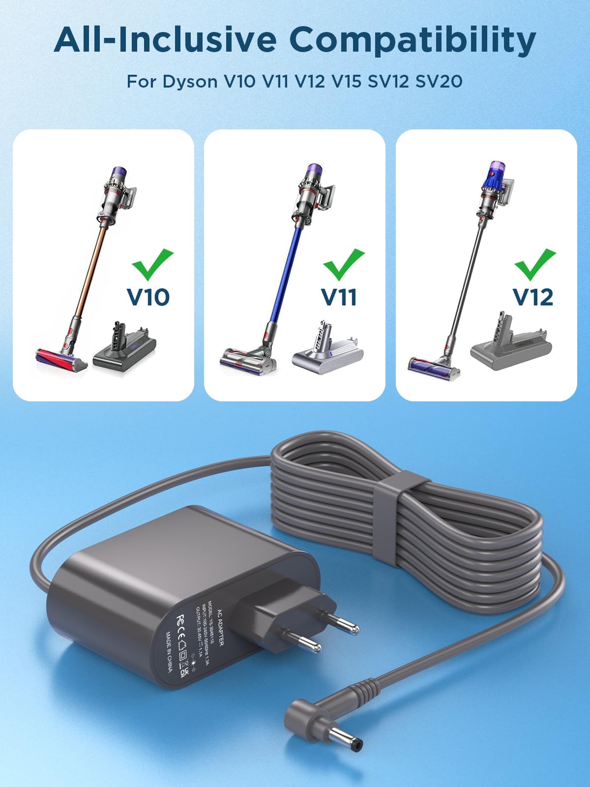 Cavo di ricarica 30,45V per Dyson V10 V11 V12 V15 SV12 SV14 SV15 SV16 SV20 SV22, alimentatore per Dyson Cyclone Absolute Animal Motorhead Fluffy, caricabatterie per aspirapolvere, accessori Vacuum