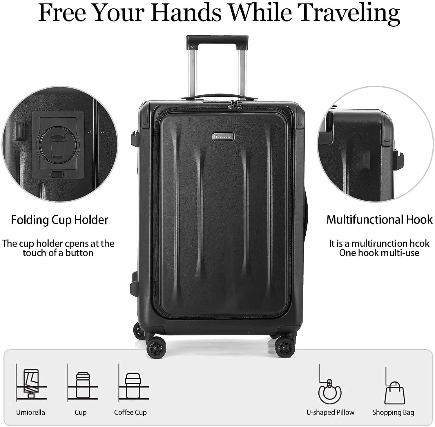 Top Opening Luggage, 16Inch & 25 Inch Airline Approved ABS+PC Hard Shell Suitcases with Silent Wheels, TSA Lock,Front Pocket and Wet-dry Separated Six-piece Set(Black)