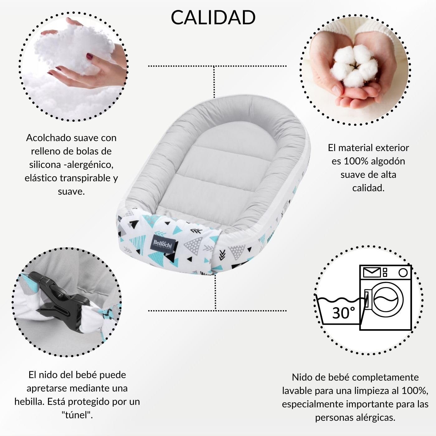 Bellochi Nido Bebe Recien Nacido, Reductor de Cuna Nido para Bebe - 100% Algodón - 90x60x12cm con Bordes Protectores - Tresor