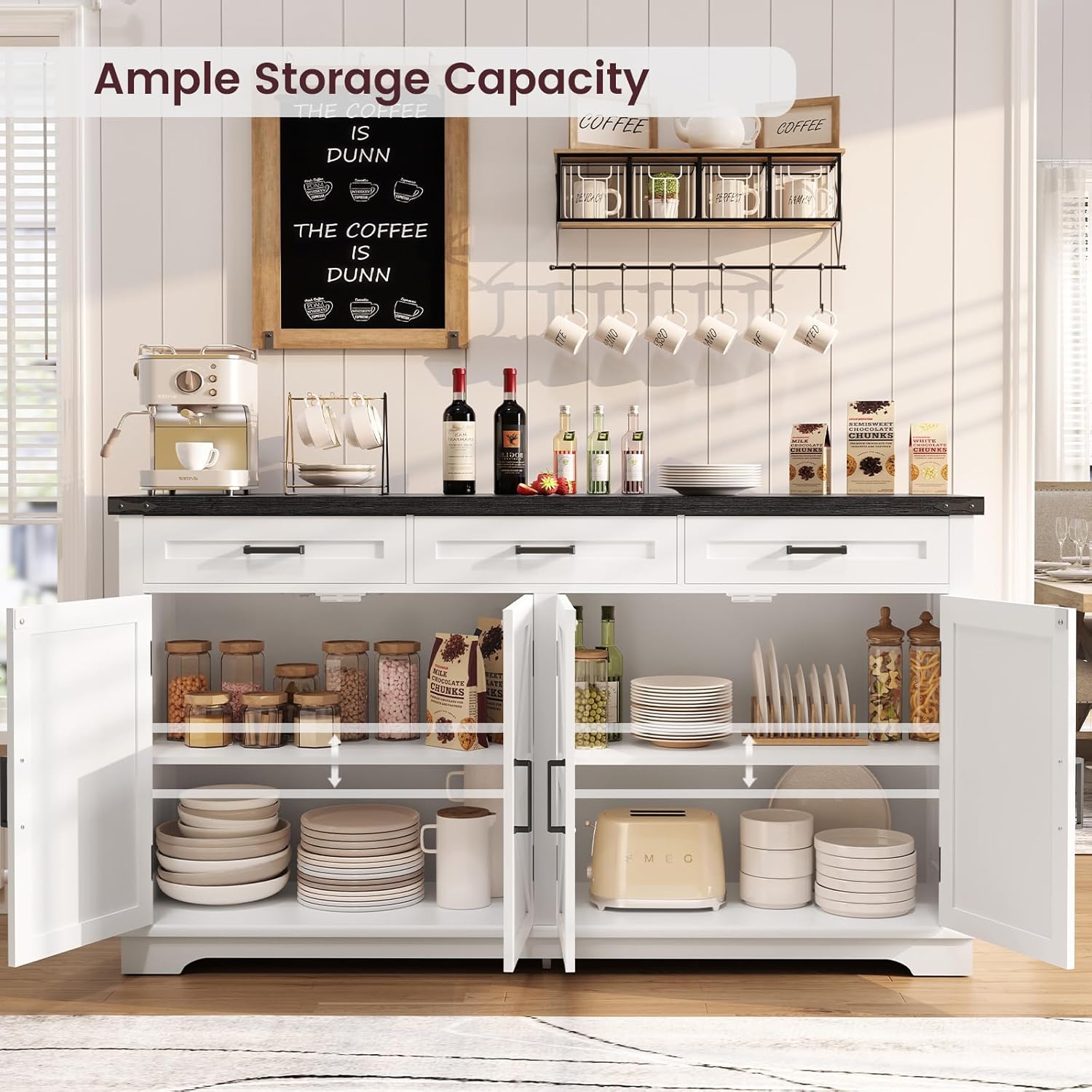 usikey 61” Large Sideboard Buffet Cabinet with 4 Doors and 3 Drawers, Farmhouse Buffet Table, Dining Room Storage Cabinet for Kitchen or Living Room, White