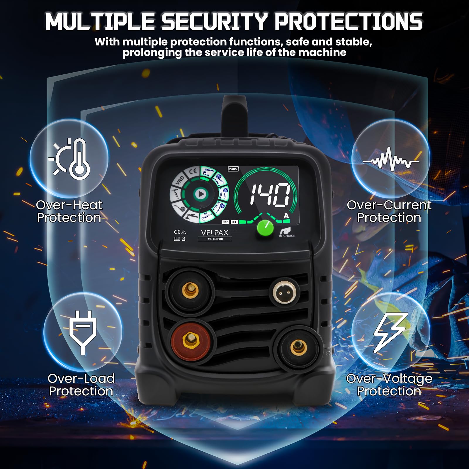 140A Saldatrice A Filo Continuo Senza Gas, 3 in 1 MIG/ARC/Lift TIG IGBT Inverter Saldatore con Smart Digital LED Dispaly di filo animato 0,8 mm per principianti e saldatori professionisti