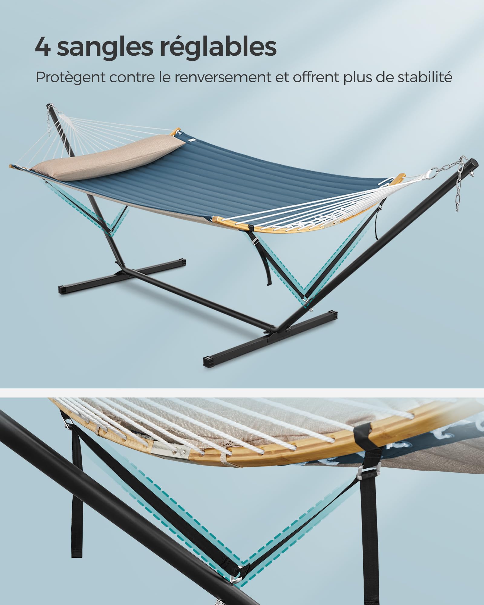 SONGMICS Hamac avec Support, Structure en Métal, Barre de Soutien Double, avec Coussin, Capacité de Charge Jusqu'à 200 kg, pour Jardin, Structure Noire et Hamac Bleu GHS002Q01