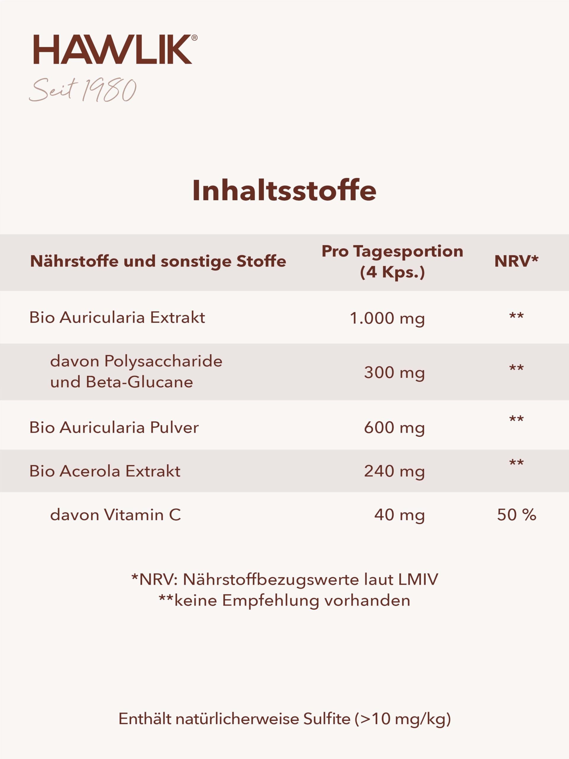 HAWLIK Vitalpilze Bio Auricularia Extrakt+Pulver Kapseln - 120 Kapseln im Blister - Mit Vitamin C - Extrakt & Pulver - Natürlicher Anbau - Vegan