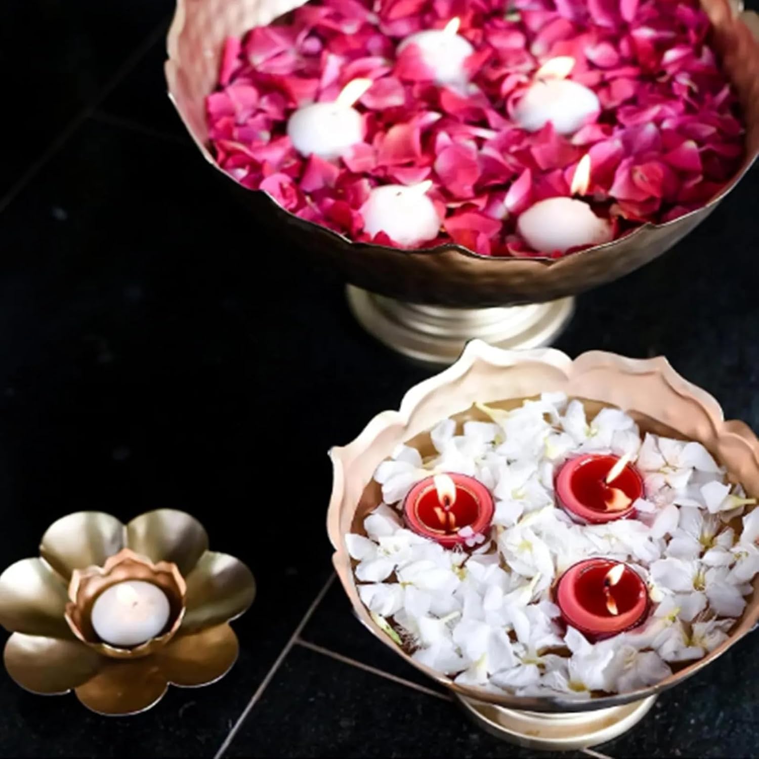 Authentic Taj urli Set Diyas Antique Stand Handcrafted Shape Floating Flower Decorative Lotus Urli Bowls Spiritual lamp Traditional Diwali Festival puja Event Candle Tea Light Metal Brass Gold
