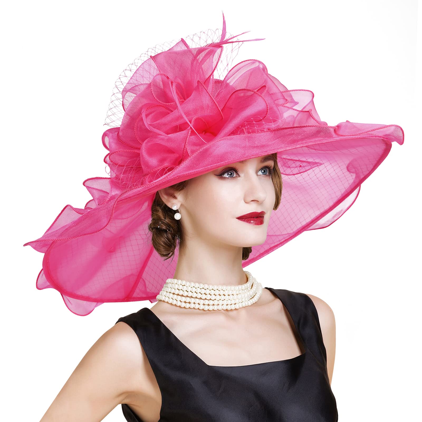 Derby Hats for Women with Headband Hairpin, Cloche Kentucky Hats for Ladies, Organza Tea Party Bridal Church Hats
