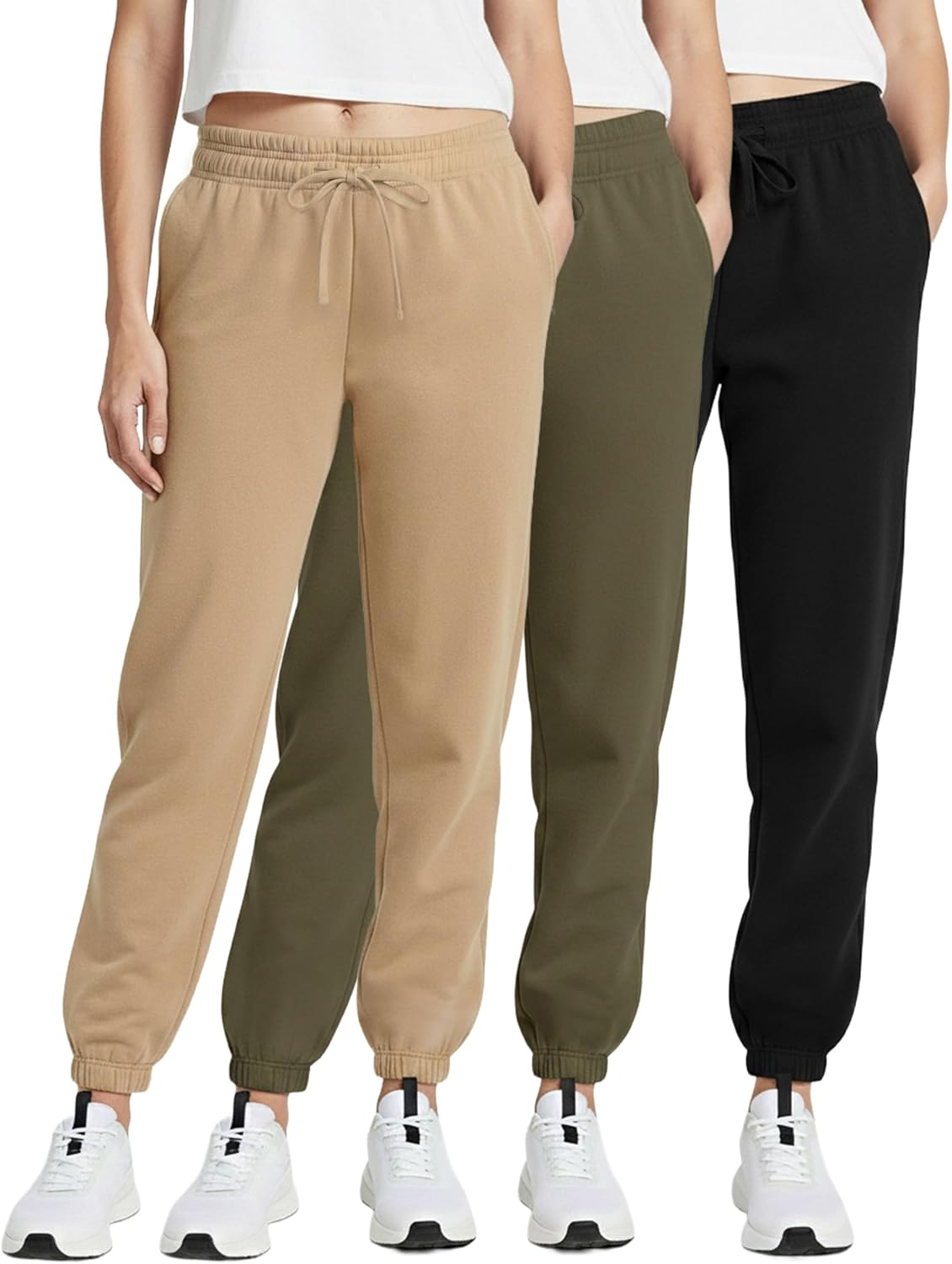 Real Essentials 3 Pack: Women's Fleece Jogger Sweatpants (Available in Plus Size)