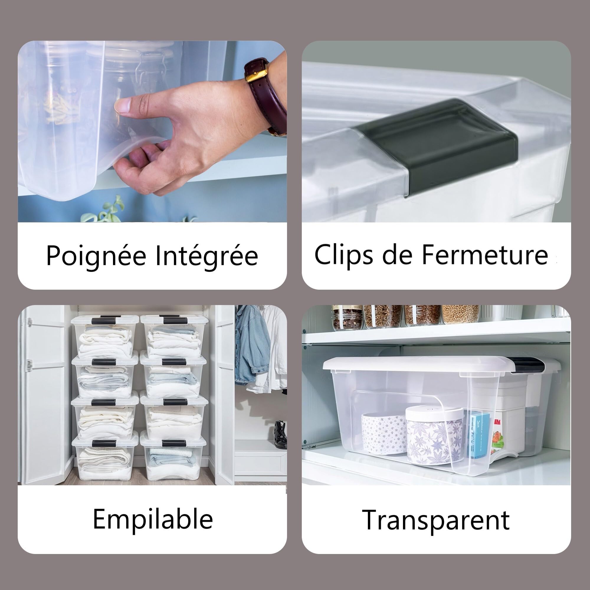 Iris Ohyama, Boite Rangement Plastique avec Couvercle, 30L, Lot de 6, Transparent, Clips de Fermeture, Poignée, Empilable, Organisation Solide & Durable, pour Chambre, Dressing, Bureau, NTB-30