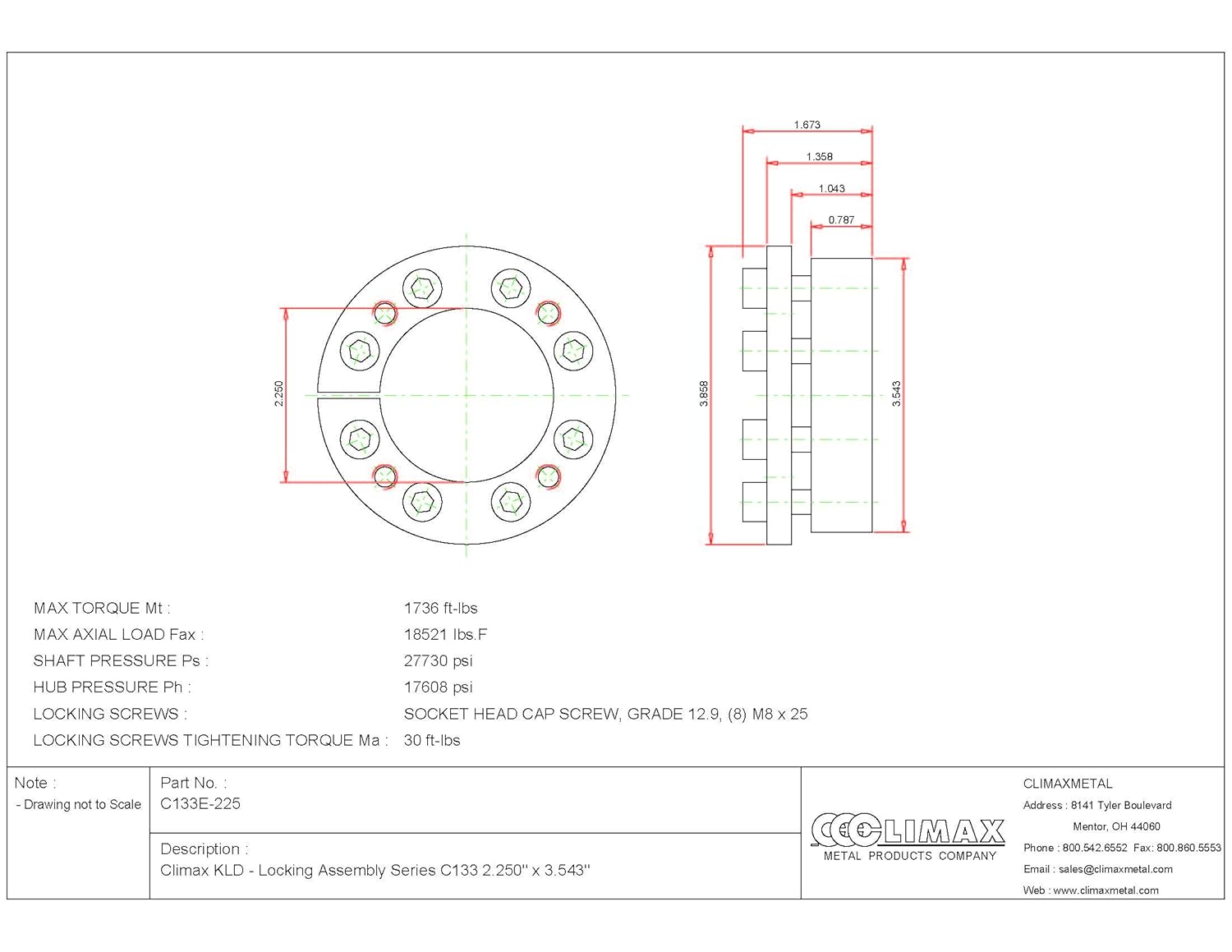 C133E-225 Series 133 Locking Assembly, Steel, 2.25" ID, 1.61" Width, 2-1/4" Shaft Diameter