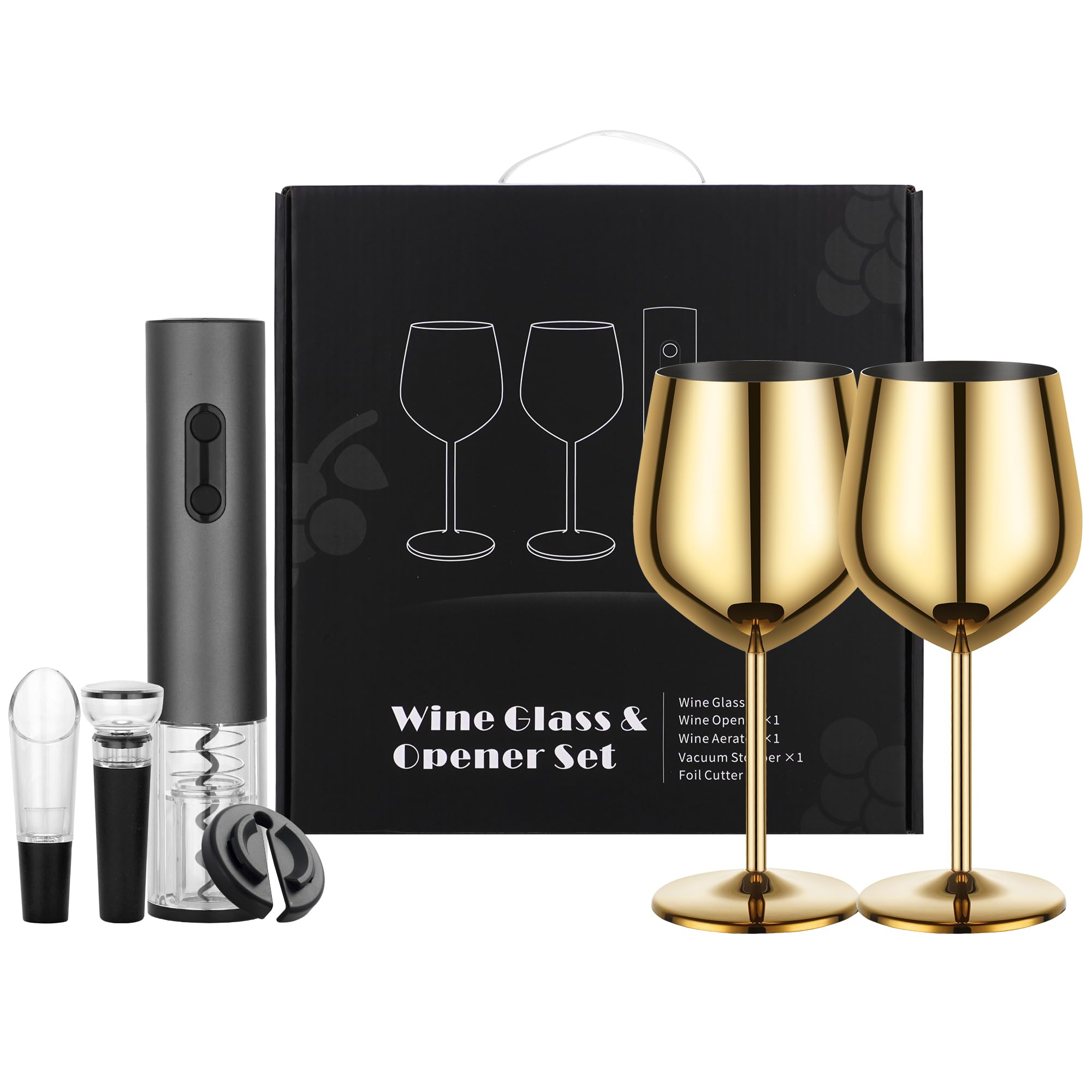 MegaTrend Abridor de vino eléctrico recargable, juego de sacacorchos automático, incluye copa de vino dorada de 2, copa de acero inoxidable, regalo ideal para bodas, cumpleaños, niñas, hombres