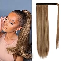 Vista 81 de BARSDAR - Extensión de cola de caballo recta con resaltado marrón medio, de 26 pulgadas de largo, con clip envolvente para mujeres, extensiones