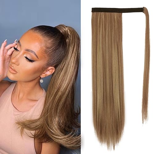 BARSDAR Brown Highlight Straight Ponytail Extension - 20 Inch Long