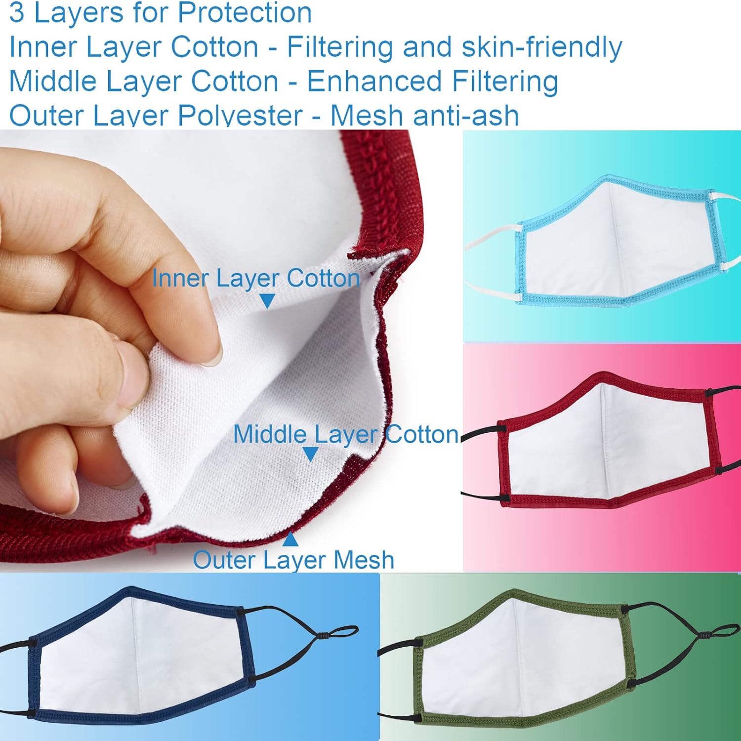 Black Cloth Face Mask,3 Ply BB-9201 Material, Reusable Fabric Washable for Men Women Adult Large Pack 6 - Image 5