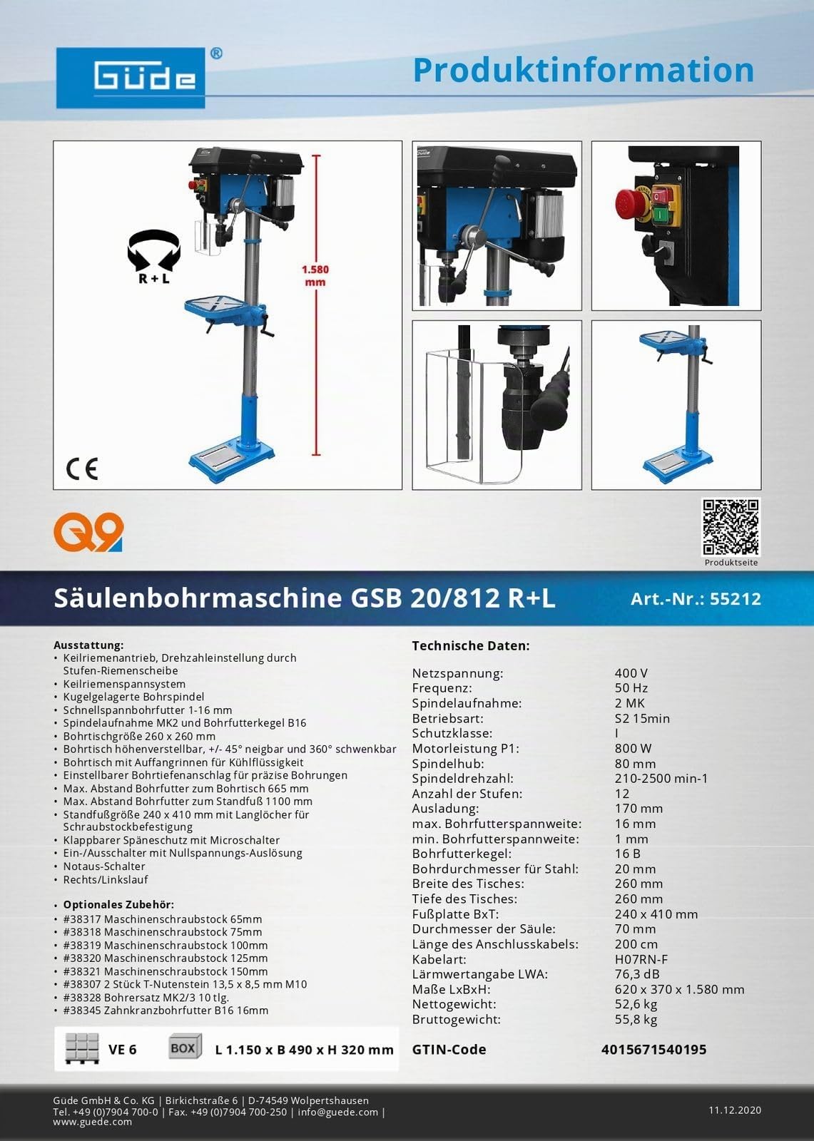 Güde Perceuse à Colonne 800 W 400 V 16 mm Précision de Rotation Élevée Rotation Inverse