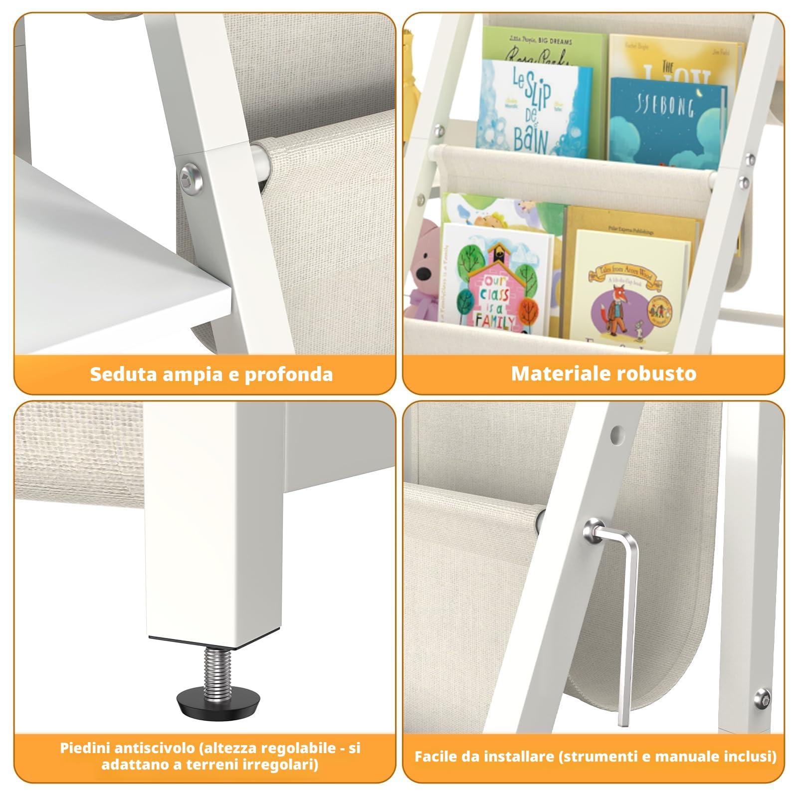 BORISI Libreria Montessori per Bambini, Scaffale per Giocattoli con 6 Scomparti, Porta Libri Bambini, Organizer per Cameretta e Sala Giochi, 124x30x75 cm, Bianco