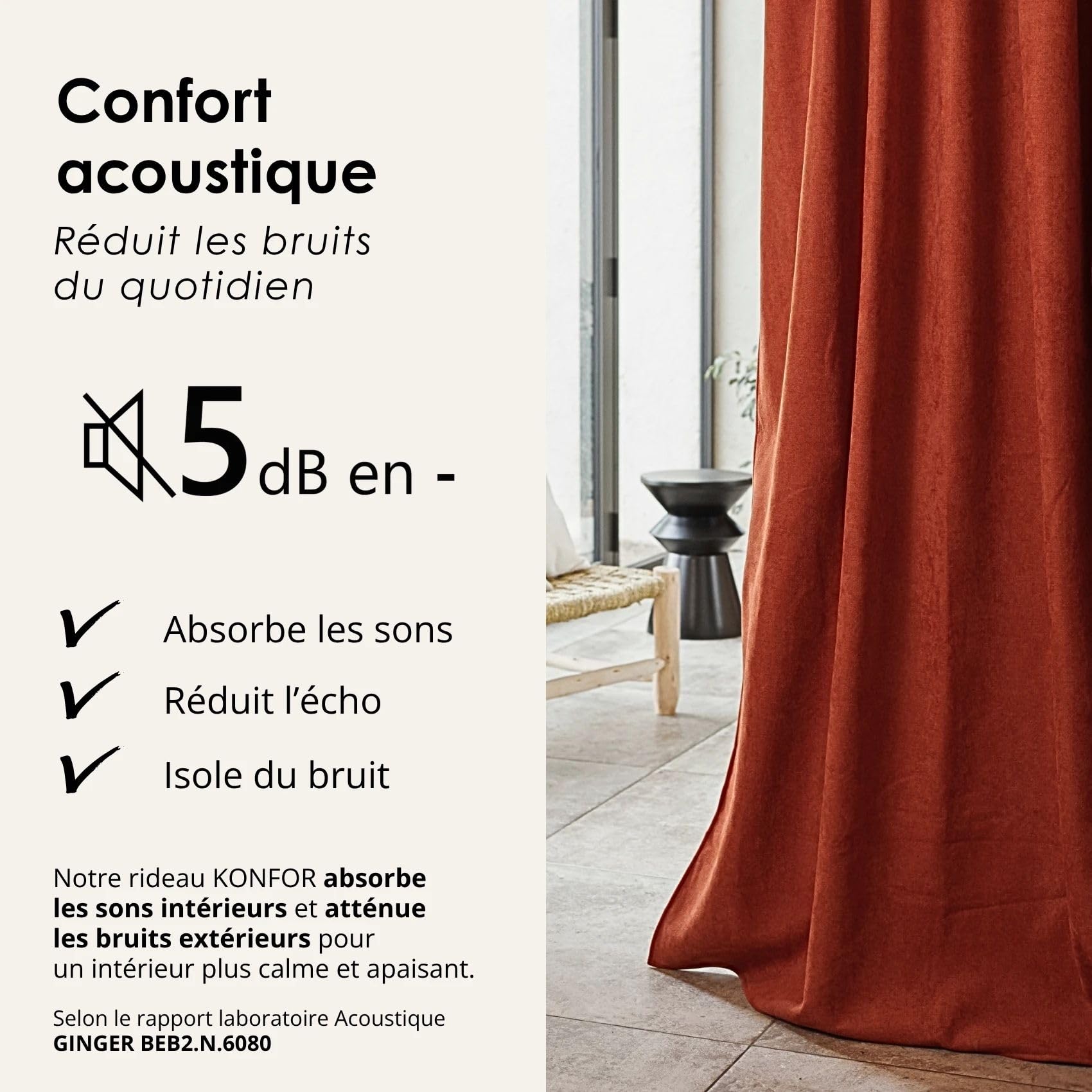 Home Maison QABANE - Rideau Thermique Phonique KONFOR - Flanelle Polyester - Occultant Isolant Froid et Bruit - Chambre Salon Bureau - 8 Oeillets - 140 x 300 cm - Terracotta