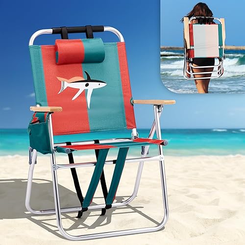 Miniatura 17 de VINGLI Silla de playa de aluminio de 13 pulgadas, sillas de playa altas para adultos, portátil con correas ajustables, reclinable de 3 posiciones,