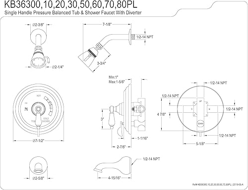 Miniatura 3 de Kingston Brass KB36350PL Grifo de restauración para bañera y ducha con manija de palanca de porcelana, bronce aceitado