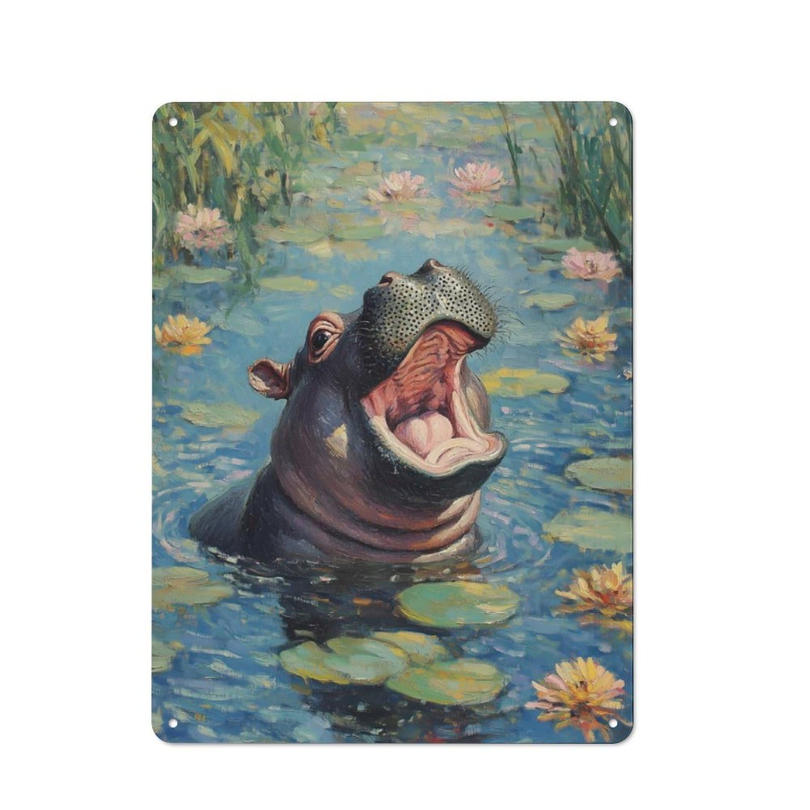 Junmoney Style-24 Tin Wall Plaque 40X30cm With Hippopotamus In Water Lilies For Garage Wall, With Clear Vintage Wall Decor Character