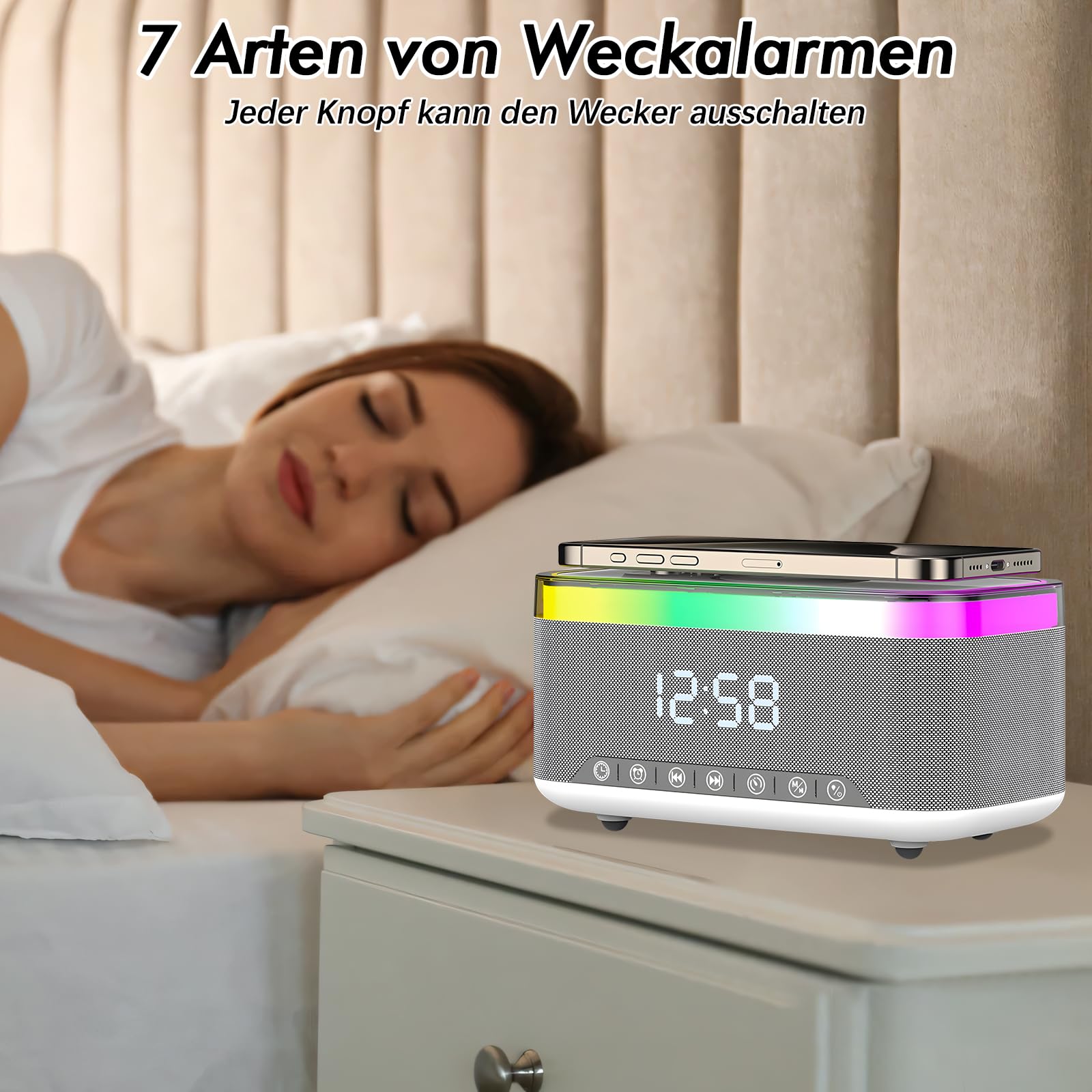 Radio wecker Digital mit Ladestation, 15W Fast Wireless Charger, Digitaler Radiowecker mit Bluetooth Lautsprecher, 13 LED-Leuchten, USB-Kabelloser Ladegerät, FM-Radio, Smart Wecker mit ladefunktion