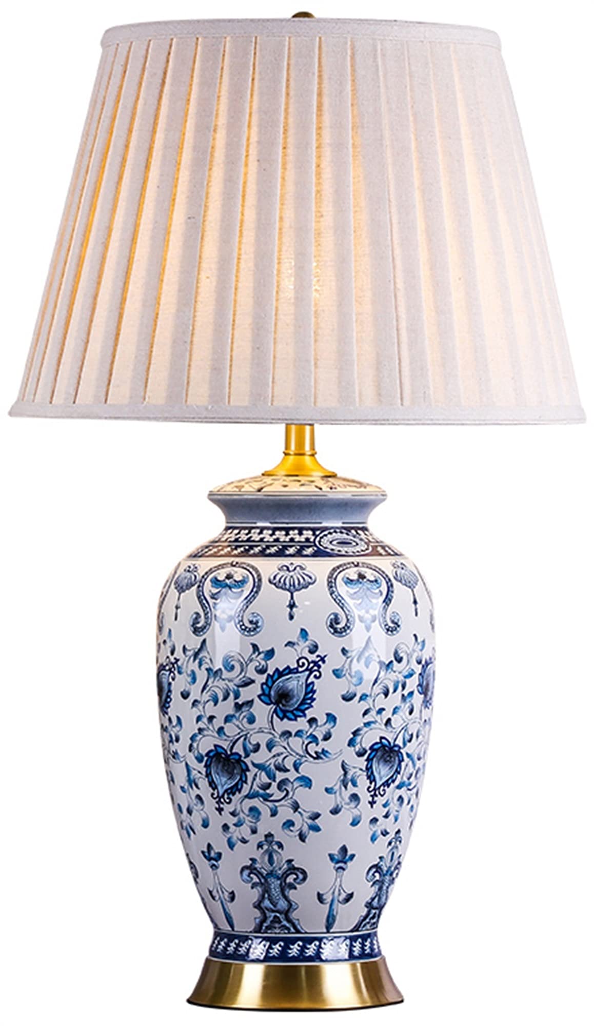 asdchZen Ceramic Table Lamp Chinese Blue And White Porcelain Table Light Pleated Linen Lampshade Copper Base Bedroom Bedside Lamp Living Room Decoration
