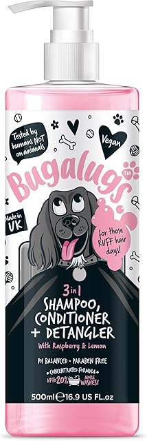 BUGALUGS Dog Shampoo 3 in 1 shampoo, Conditioner & Detangler - Raspberry & Lemon dog perfume grooming products for smelly dogs, best dog coat puppy shampoo, pet accessories (Shampoo 500ml)