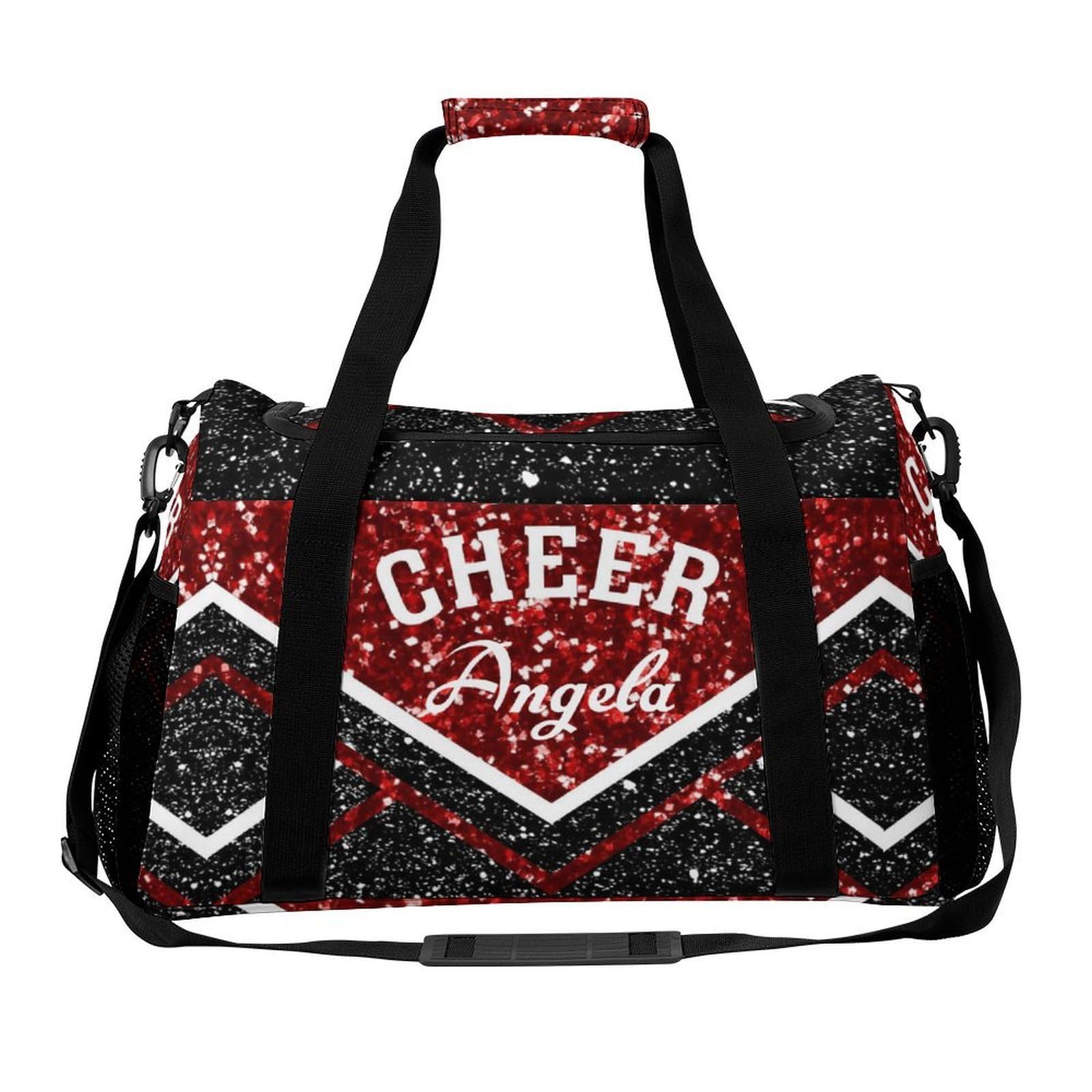 Cheer Red Black Maroon Glitter Print Waterproof Duffel Bag Adjustable Shoulder Strap Perform Training Travel Bag for Teens
