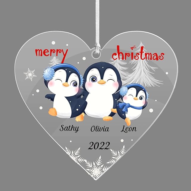 Personalised Christmas Baubles Christmas Decorations Tree Baubles 2022 Custom Xmas Tree Decoration for Family UV Print Acrylic Christmas Hanging Ornament Gift (Family of 3 Heart)