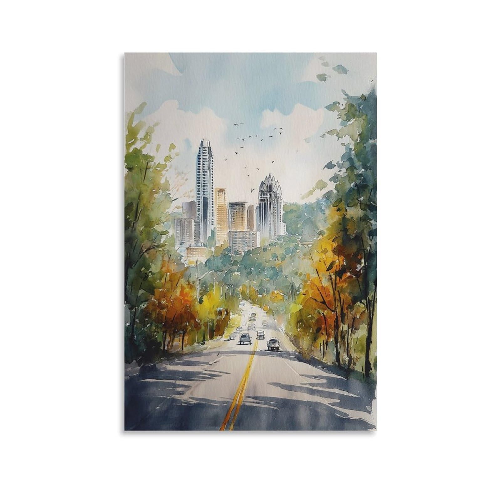 LCYNNH Austin Texas Watercolor Print Retro Mid Century Modern Wall Art 08x12inch(20x30cm) Print Home Bedroom Office Living Room Decor Canvas